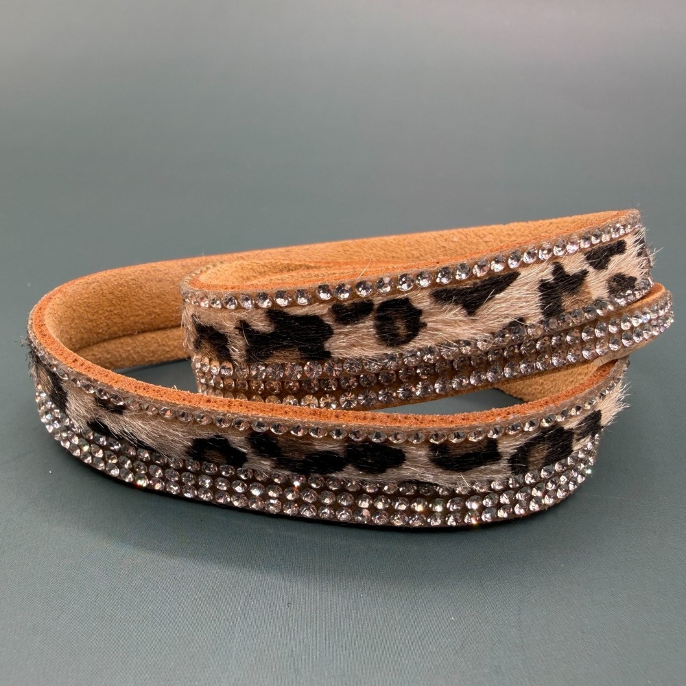 Leopard Print Rhinestone Wrap Bracelet Tan Suede Crystal Sparkle Boho Statement - Picture 3 of 13
